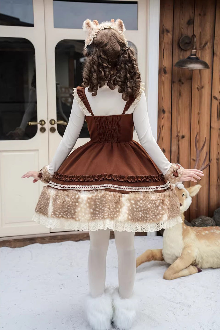 Brown [Hazelnut Moose] Sleeveless Ruffled Bow Plush Sweet Jsk Dress - Product - 5