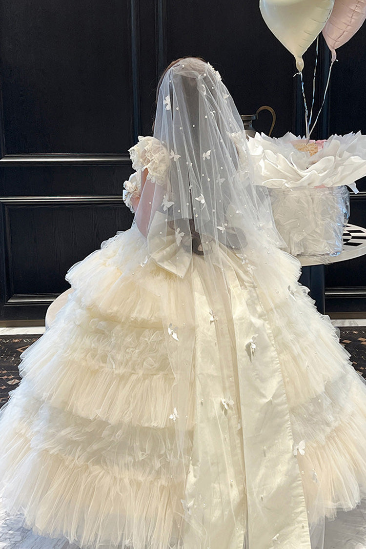 White [Maiden’s Love] Off Shoulder Triple-Layered Ruffled Hanayome Bow Lace Sweet Princess Lolita Dress - Product - 18