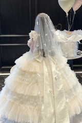 White [Maiden’s Love] Off Shoulder Triple-Layered Ruffled Hanayome Bow Lace Sweet Princess Lolita Dress - Product - 18