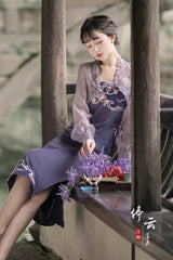 Purple Retro Chest Embroidery Han Elements Suspenders With Cloak Sweet Hanfu Dress - Product - 5