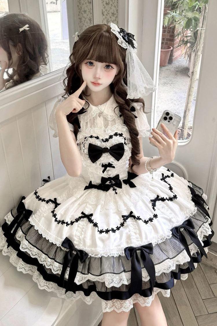 Black/White [Scarlet Heart Cocoa] Sleeveless Triple-Layered Ruffle Embroidery Bowknot Lace Sweet Lolita Jsk Dress - Product - 6