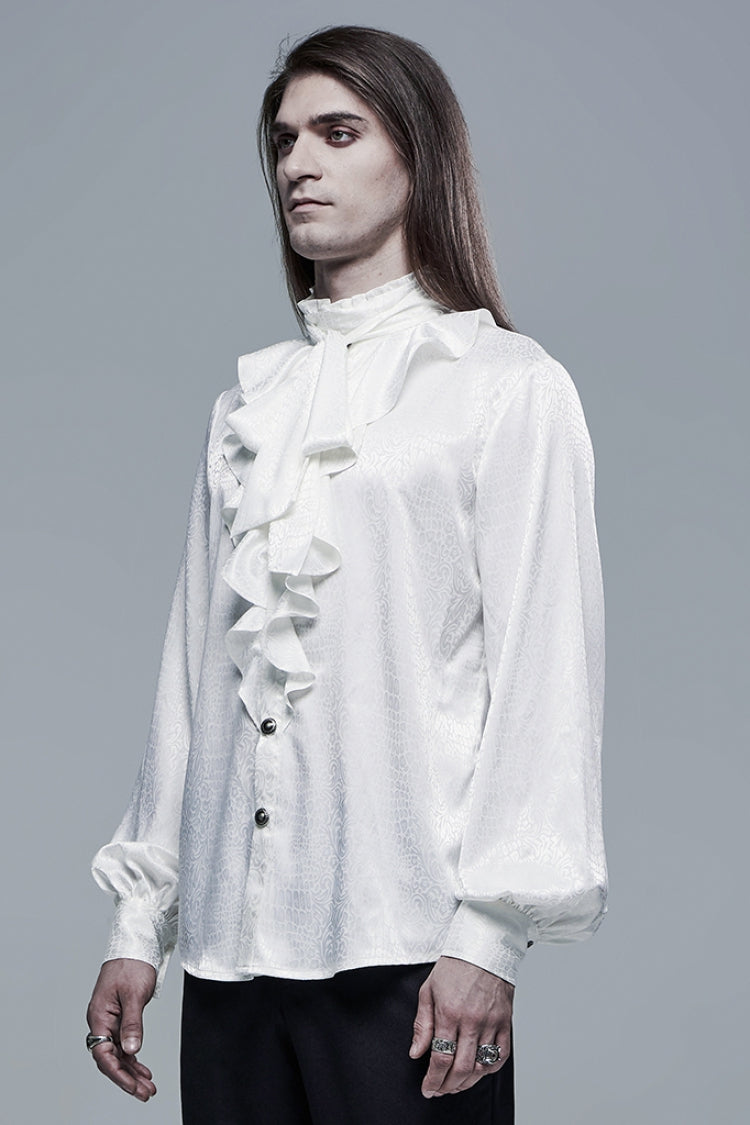 White Gothic Jacquard High Collar Front Chest Flounce Retro Metal Button Lantern Sleeve Men's Shirt - Product - 2