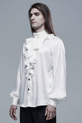 White Gothic Jacquard High Collar Front Chest Flounce Retro Metal Button Lantern Sleeve Men's Shirt - Product - 2