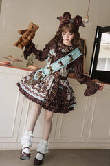 Brown [Teddy Bear Chocolate] Sleeveless Print Ruffle Side Cardigan Bowknot Asymmetric Sweet Lolita Strap Dress - Product - 8