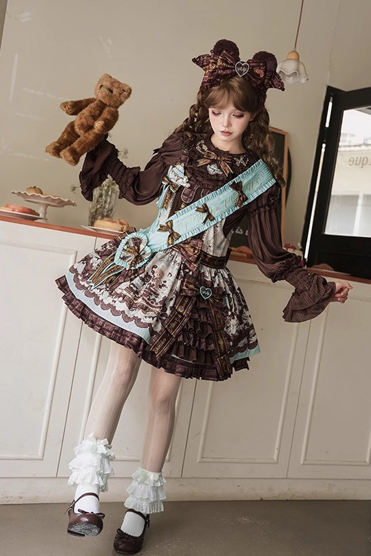 Brown [Teddy Bear Chocolate] Sleeveless Print Ruffle Side Cardigan Bowknot Asymmetric Sweet Lolita Strap Dress - Product - 8