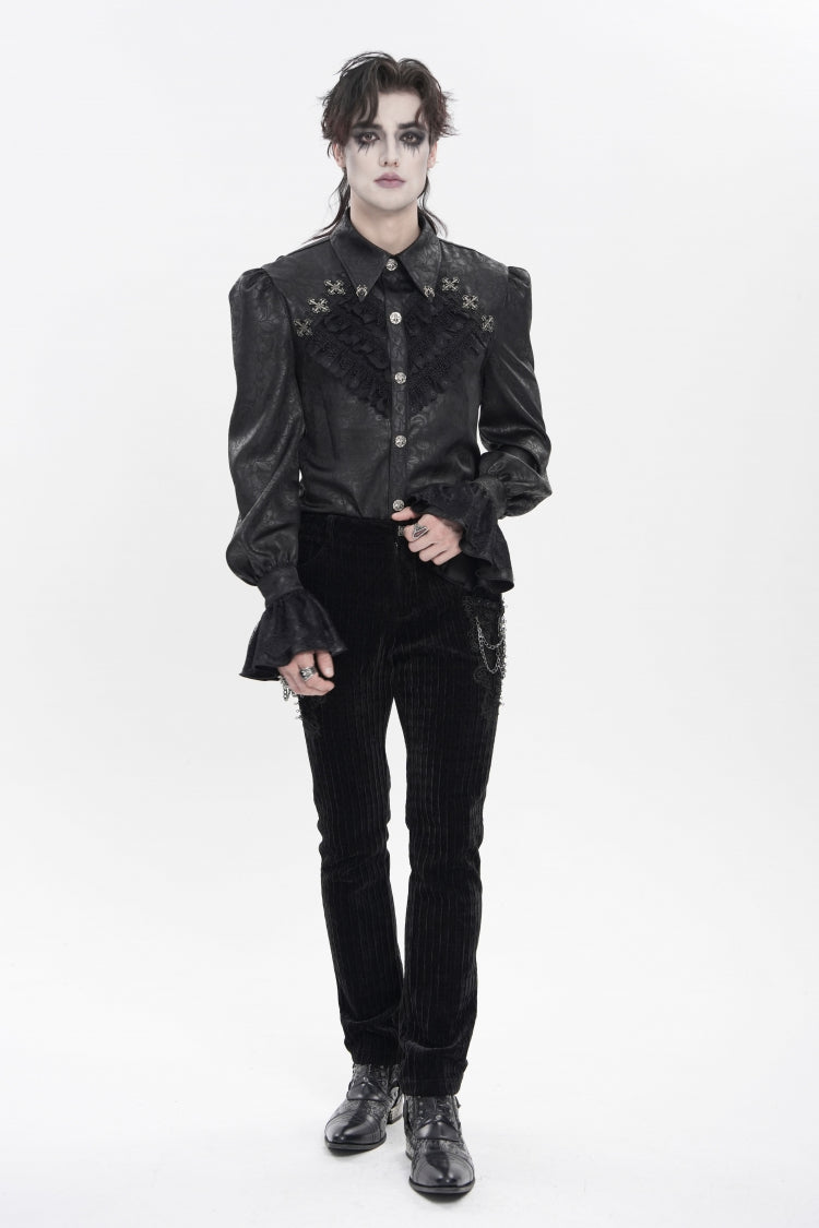 Black Cross Spider Turn-down Collar Long Trumpet Sleeves Printed Lace Men's Gothic Shirt - Product - 6
