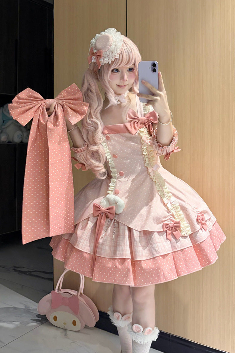 Pink [Glass Bottle] Square Collar Sleeveless Triple-Layered Printed Ruffled Bow Asymmetric Sweet Lolita Jsk Dress - Pink - 1