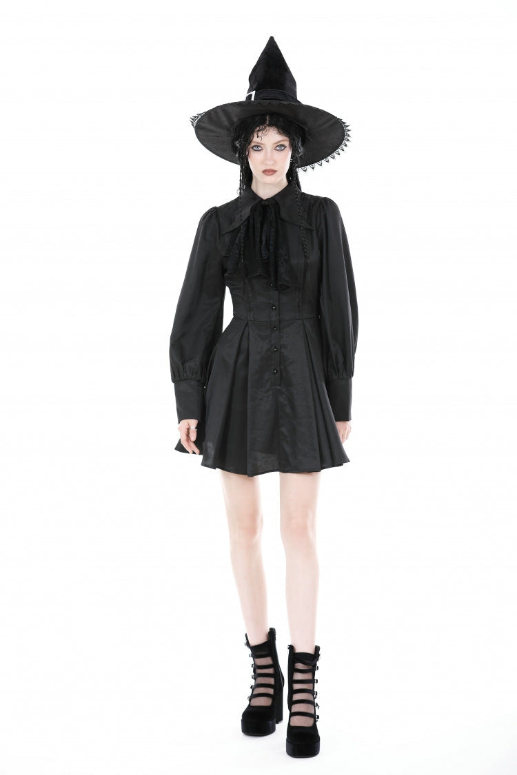 Black Turn-down Collar Long Lantern Sleeves Women's Gothic Dress with Necktie - Product - 6