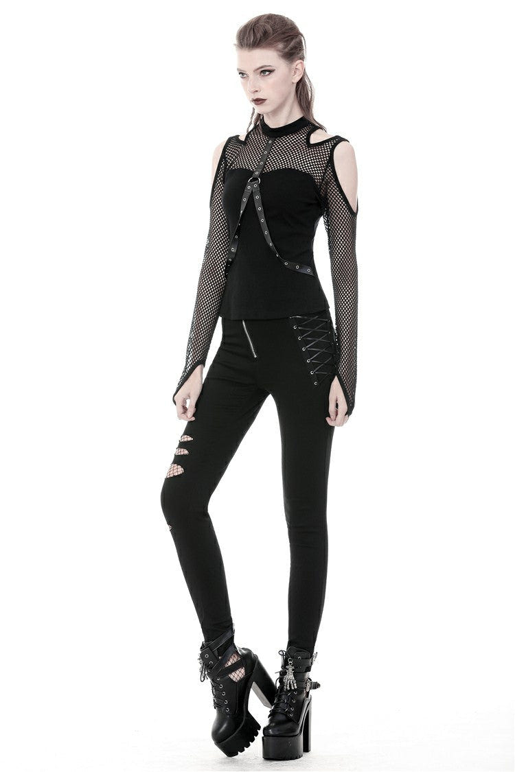 Black Off Shoulder Long Sleeves Mesh Crossed Harness Straps Eyelet Sexy Women's Punk Top - Product - 8