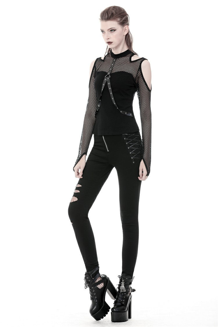 Black Off Shoulder Long Sleeves Mesh Crossed Harness Straps Eyelet Sexy Women's Punk Top - Product - 8