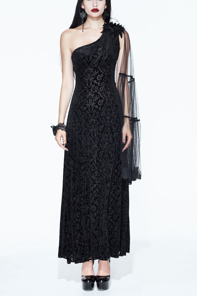 Black One Shoulder Mesh Shawl Feather Lace Decoration Velvet Long Women's Gothic Dress - Black - 1