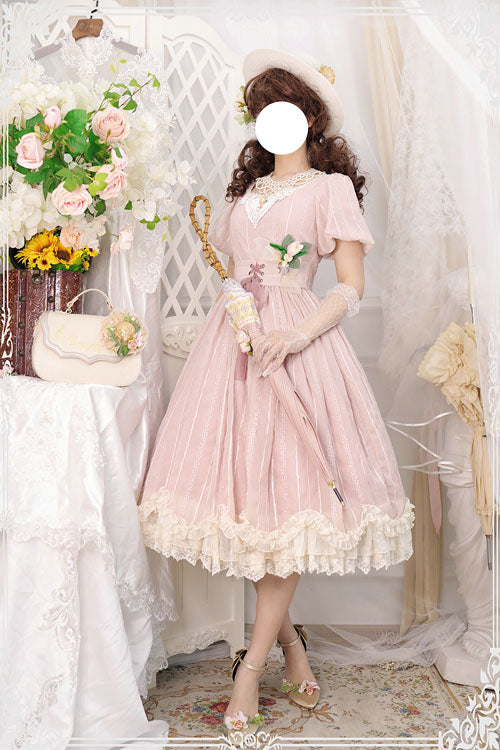 Pink Elegant Vintage Square Collar Short Sleeves Multi-Layer Ruffled Classic Lolita OP Dress - Product - 3