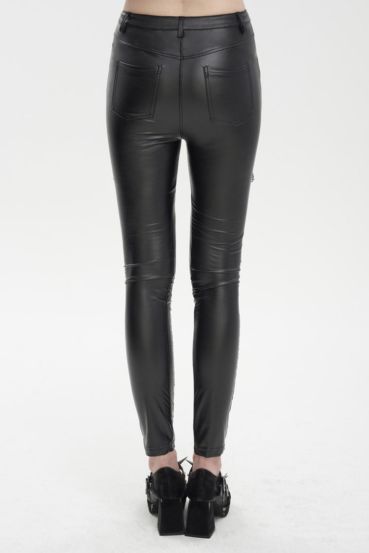 Black Flocked Stretch Slim Thigh Lace String Adjustable Women's Gothic Leggings - Product - 4
