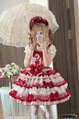 Red [Ribbon Berries] Sleeveless Multi-Layered Ruffle Bowknot Lace Sweet Lolita Jsk Dress - Product - 3