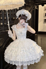 White [Featherlight Slumber] Square Collar Sleeveless Multi-Layered Bow Lace Pearl-Decorated Gothic Lolita Jsk Dress - Product - 4