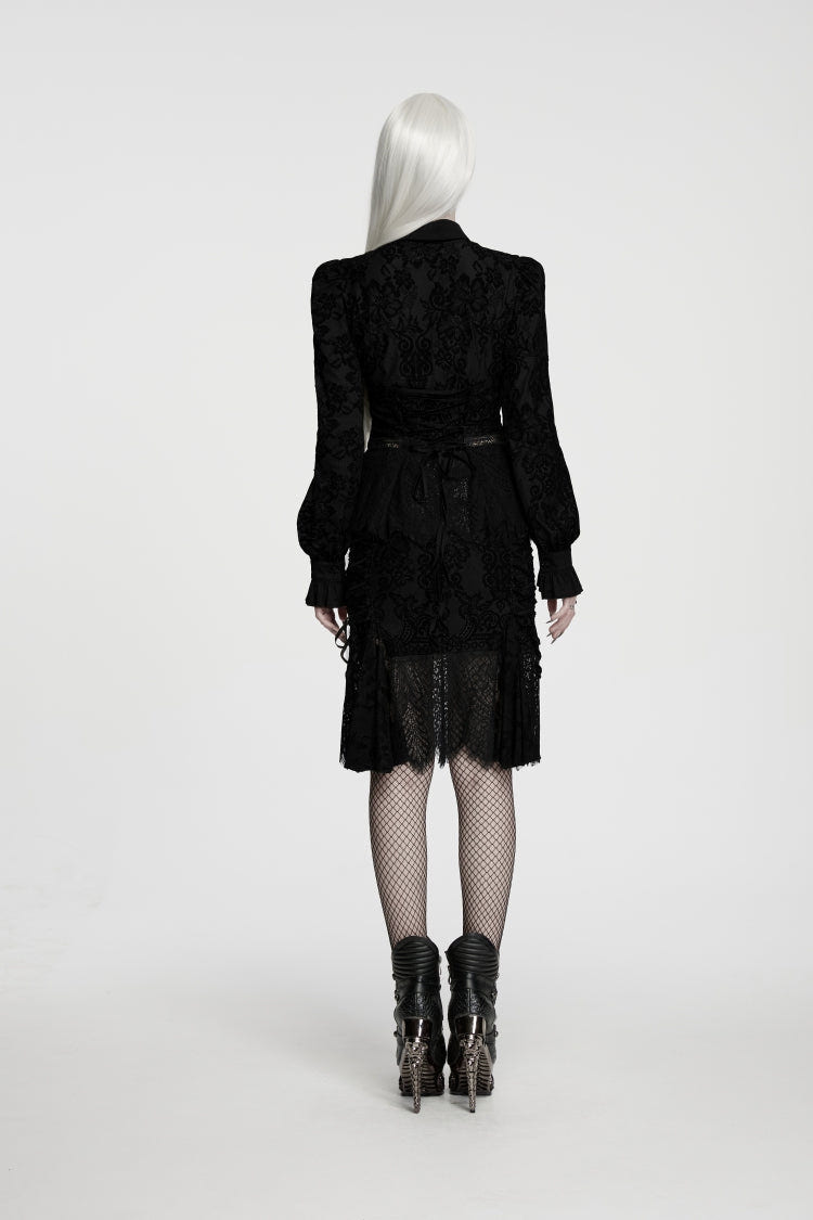 Black Lapel Collar Long Sleeves Embroidered Lace Lace-Up Women's Gothic Elegant Blouse - Product - 3