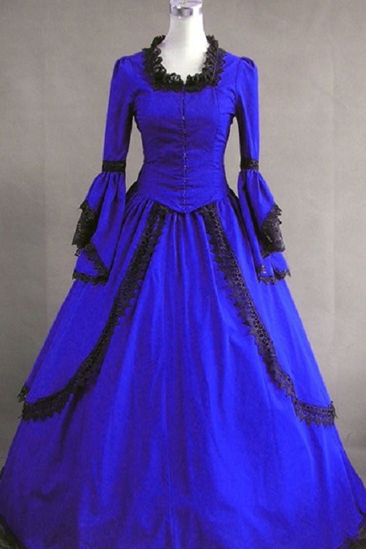 Dark Blue Cotton Square Collar Long Sleeves Floor Length Pleats Victorian Gothic Lolita Dress - Dark Blue - 1