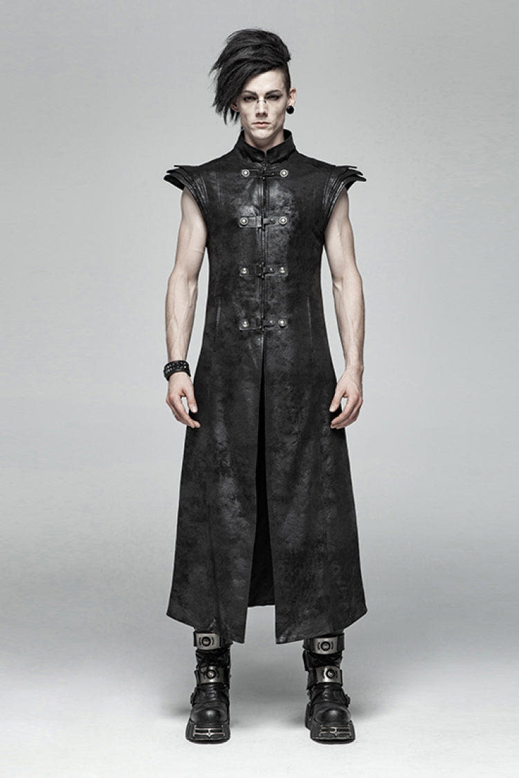 Black Angel's Wings Faux Leather Stand Collar Sleeveless Men's Gothic Vintage Maxi Vest - Black - 1