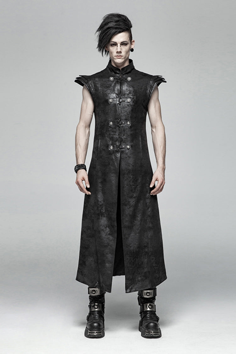 Black Angel's Wings Faux Leather Stand Collar Sleeveless Men's Gothic Vintage Maxi Vest - Black - 1