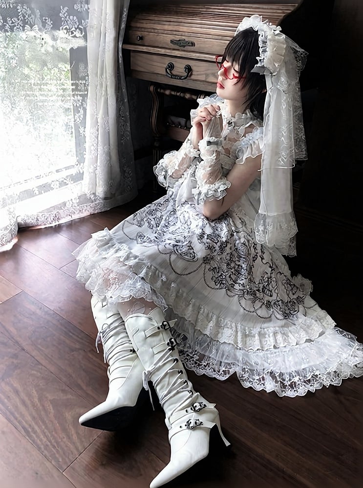 Gothic White Candle Print Waistless Lolita JSK Dress with Lace Details + Choker + Candle Embroidered Brooch Set - view 15