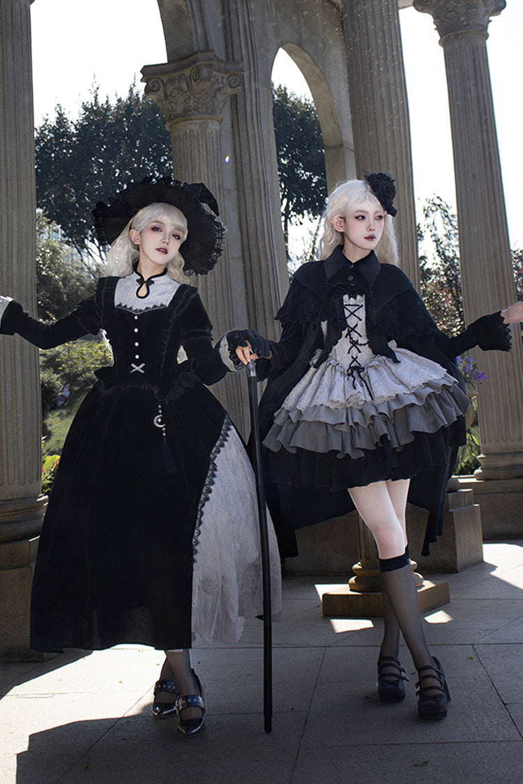 Black/Grey Witch Long Sleeves Gradient Multi-Layered Ruffle Bowknot Lace Gothic Chinese Style Lolita Dress - Product - 5