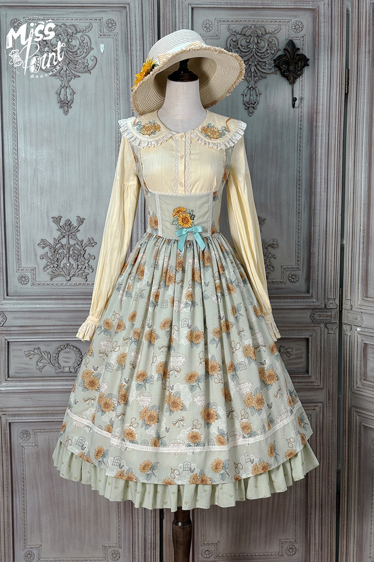 Green [Gardening Sunflower] Sleeveless Print Ruffle Bowknot Sweet Elegant Uplift Lolita Jsk Dress - Product - 3