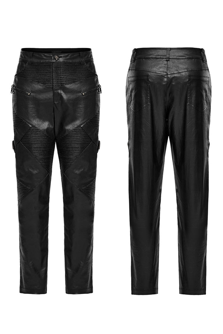 Black Zipper Men's Punk Faux Leather Pants - Product - 5
