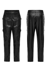 Black Zipper Men's Punk Faux Leather Pants - Product - 5