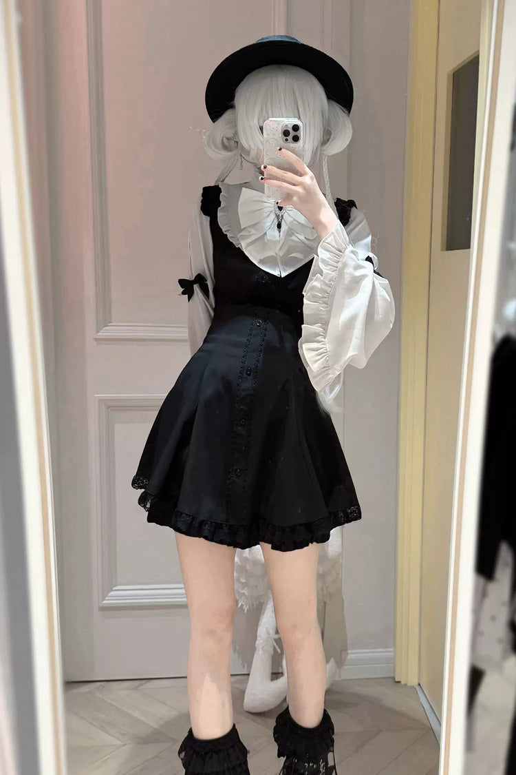 Jirai Kei Stand Collar Long Trumpet Sleeves Ruffled Bow Lace Japanese Dress 4 Colors - Product - 6
