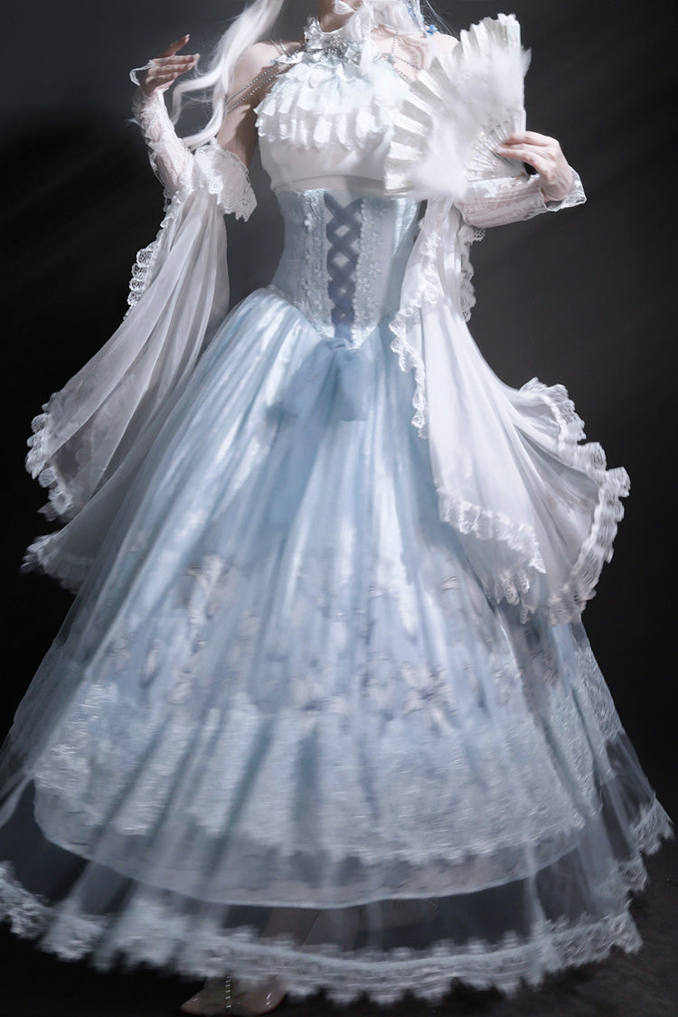 Blue [Snow Lily] Print Ruffle Hanayome Embroidery Bowknot Lace-Up Sweet Elegant Princess Lolita Skirt Set - Product - 10