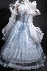 Blue [Snow Lily] Print Ruffle Hanayome Embroidery Bowknot Lace-Up Sweet Elegant Princess Lolita Skirt Set - Product - 10