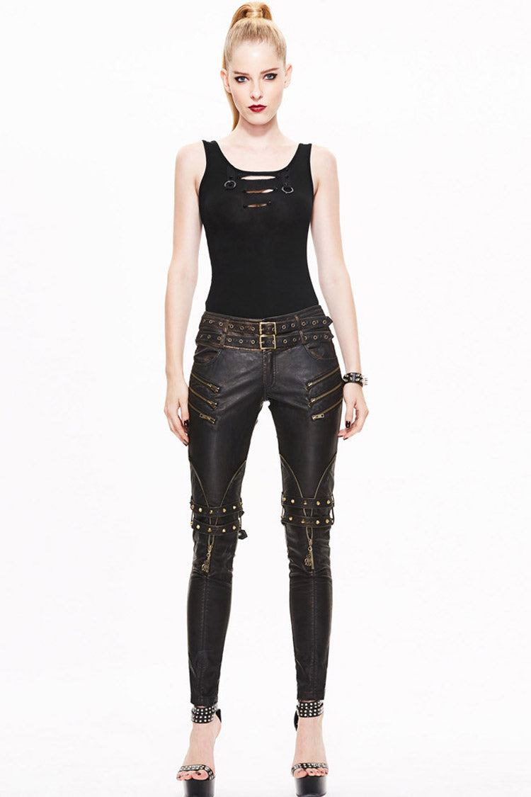 Brown Leather Metal Eyelets Belt Metal Buckle Leg Loop Hand-Rubbed Women's Punk Pants - Product - 7
