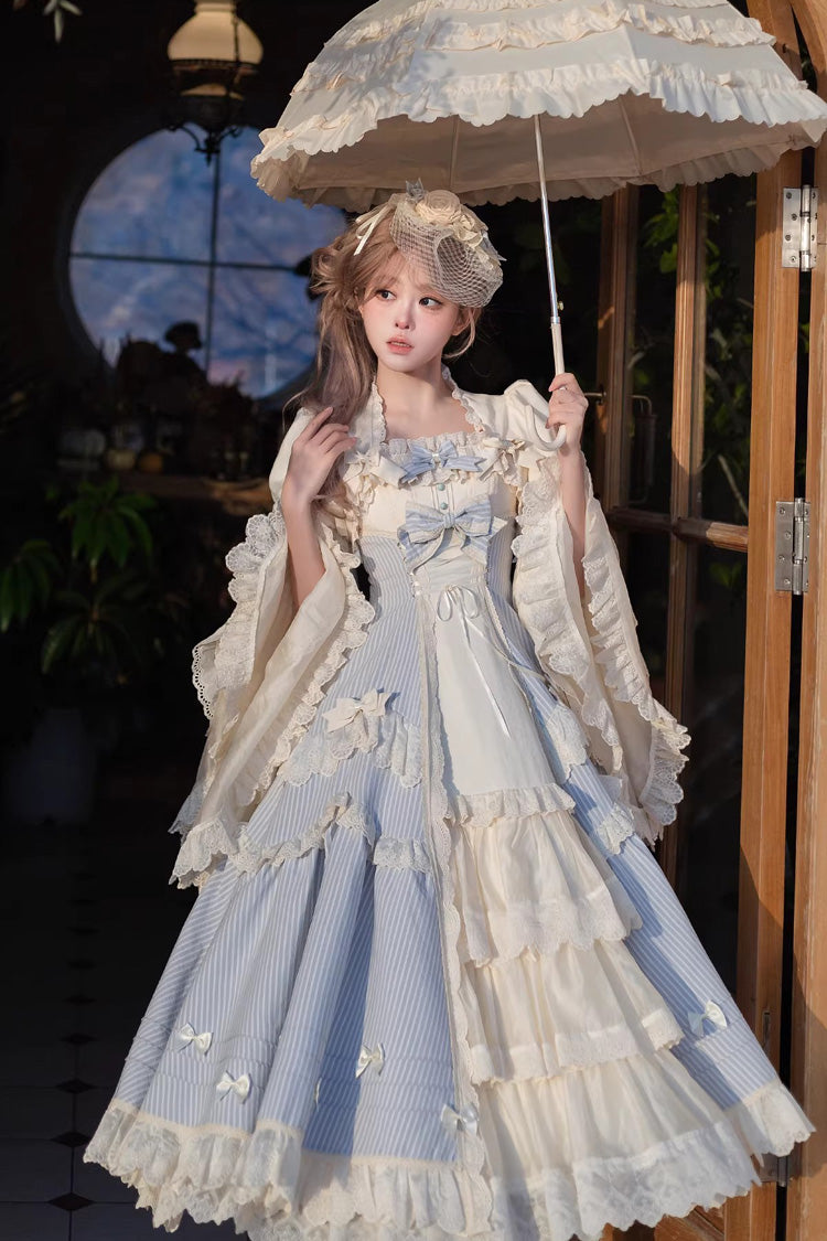 Blue [Letter Paper] Sleeveless Double-Layered Printed Ruffled Open-Front Bow Lace-Up Sweet Lolita Jsk Dress (Long Version) - Product - 4