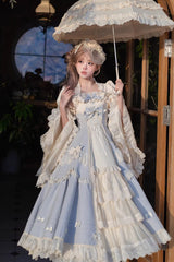 Blue [Letter Paper] Sleeveless Double-Layered Printed Ruffled Open-Front Bow Lace-Up Sweet Lolita Jsk Dress (Long Version) - Product - 4