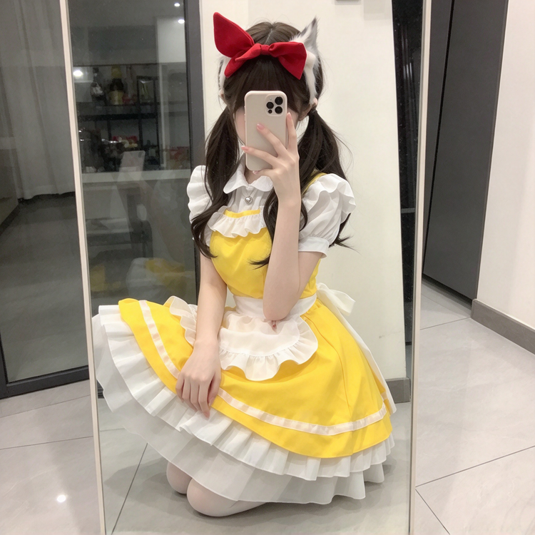 Yellow and White Ruffled Maid Lolita Dress with Apron Bell Accent - view 4