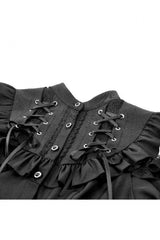 Black Mandarin Collar Cold‑Shoulder Puff Sleeves Ruffled Cut-Out Lace-Up Women's Gothic Blouse - Product - 11