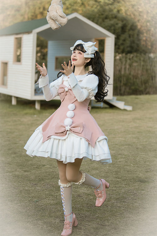 Cute Girl Doll Collar Hair Ball Christmas Princess Sweet Lolita JSK Dress Full Set - Product - 8