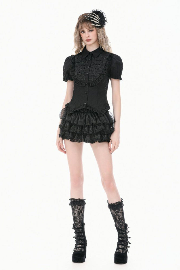 Black Pointed Turn‑down Collar Ruffled Short Puff Sleeves Pleated Women's Gothic Victorian Slim Blouse - Product - 8