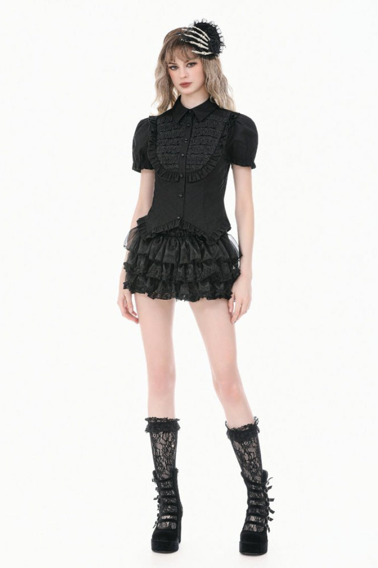 Black Pointed Turn‑down Collar Ruffled Short Puff Sleeves Pleated Women's Gothic Victorian Slim Blouse - Product - 8