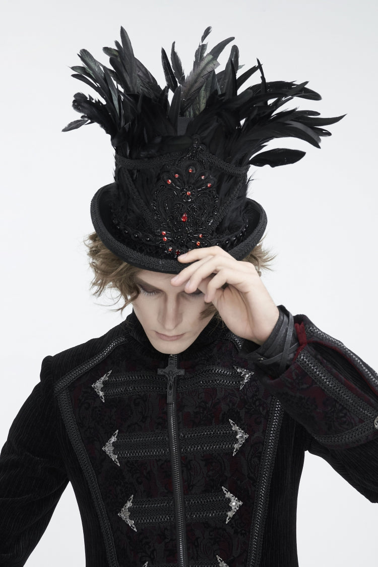 Black Embroidered Men's Gothic Palace Accessory Floral Feather Top Hat - Product - 1