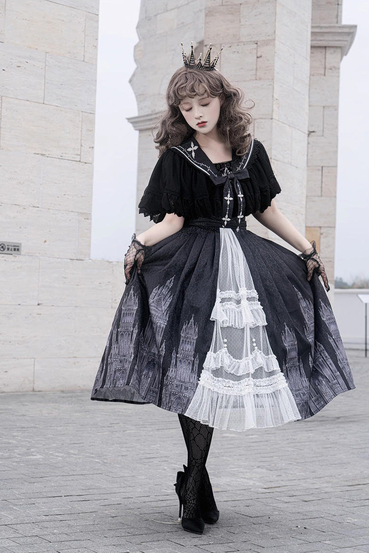 Black Sleeveless Print Lace Gothic Vintage Princess Lolita Jsk Dress - Product - 3