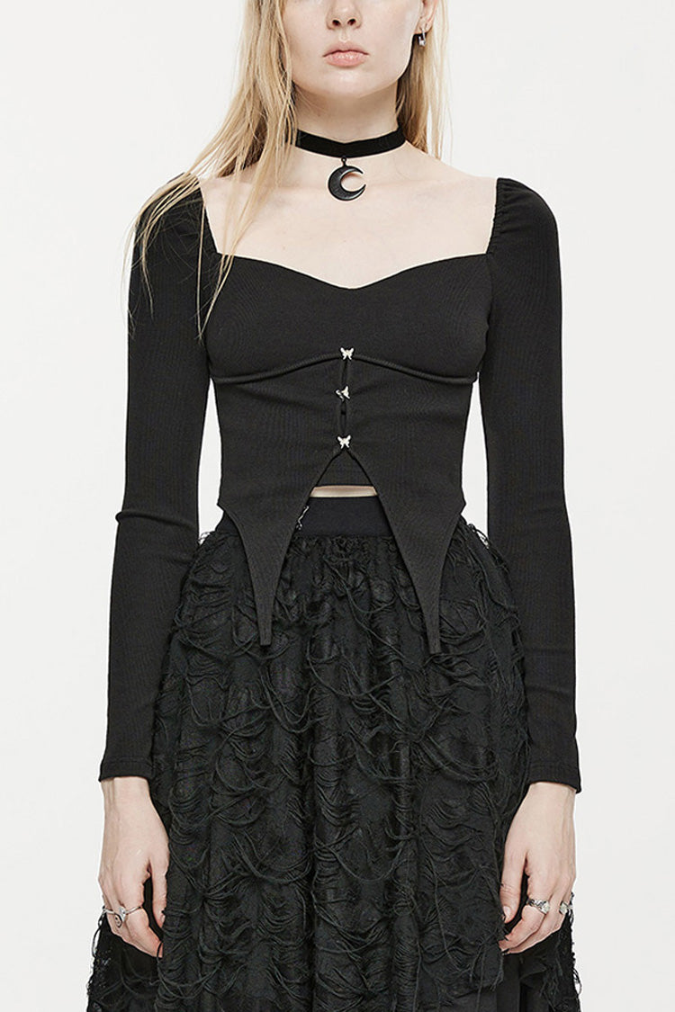 Black Elastic Square Neck Curved Split Butterfly Button Women's Gothic T-Shirt - Black - 1