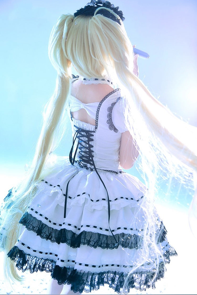 White [Witch] Long Trumpet Sleeves Double-Layered Ruffle Bowknot Lace-Up Gothic Lolita Skirt Dress Set - Product - 7
