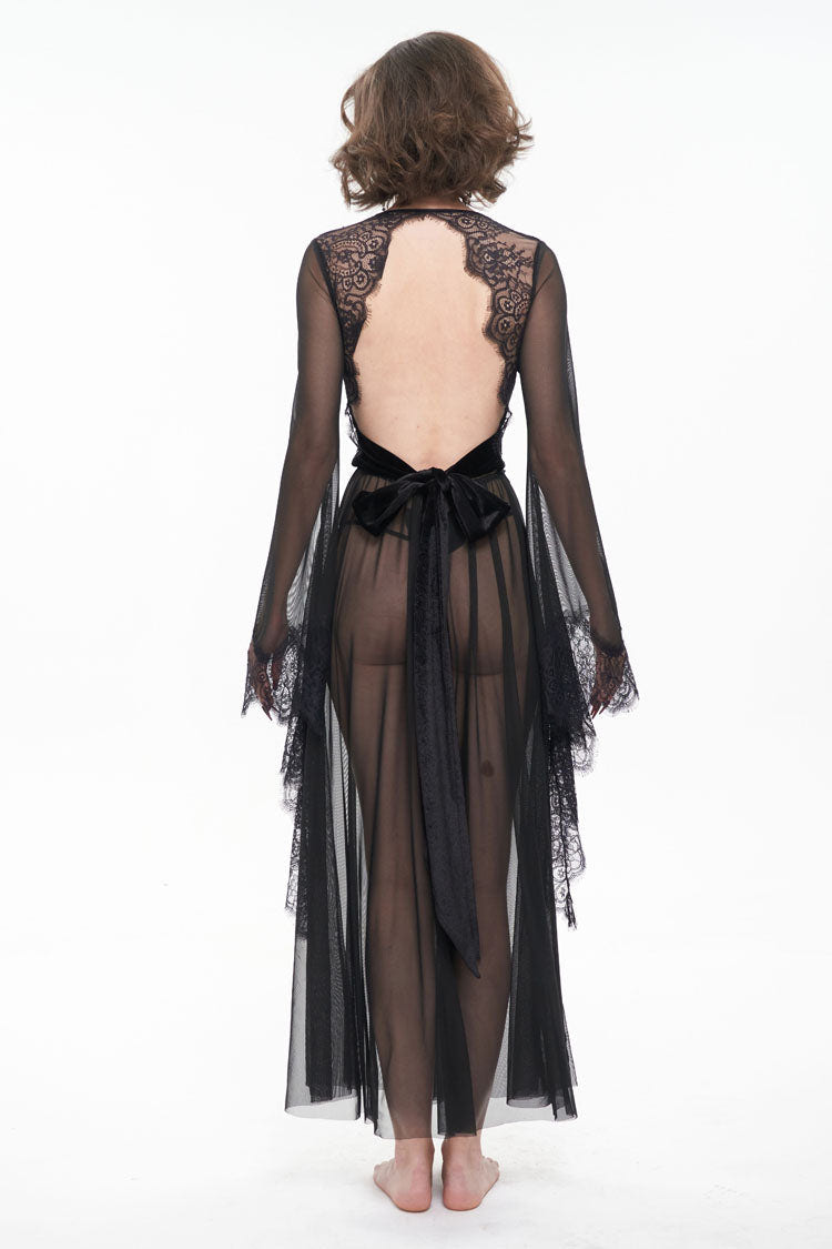 Black Perspective V-Neck Sexy Backless Lace Up Lace Flare Sleeve Women's Gothic Dress - Product - 7