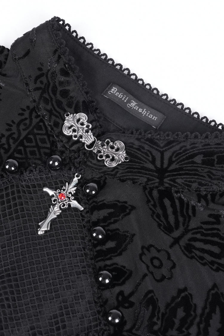 Black Stand Collar Hollow Embroidery Lace Women's Gothic Blouse - Product - 9