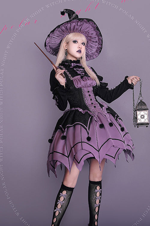 Black / Purple Round Collar Ruffled Long Sleeves Waist Irregular Hem Imp Sweet Lolita OP Dress Full Set - Product - 4