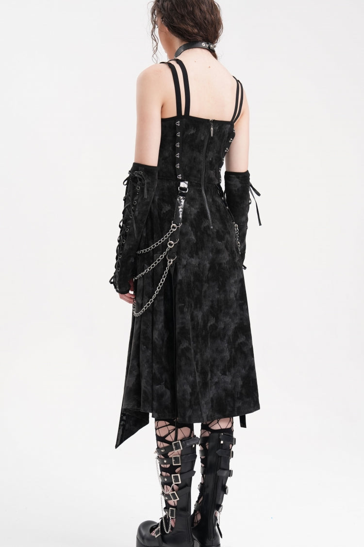 Black Chains Rings Lace-Up Women's Gothic Slip Dress with Gloves - Product - 7