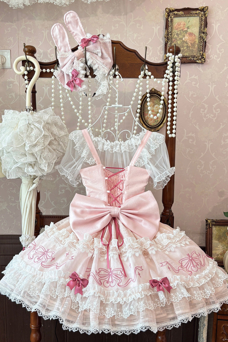 Pink [Sweetheart Bunny] Square Collar Flutter Sleeves Multi-Layered Jacquard Ruffled Embroidered Bow Lace Sweet Lolita Jsk Dress - Product - 7