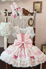 Pink [Sweetheart Bunny] Square Collar Flutter Sleeves Multi-Layered Jacquard Ruffled Embroidered Bow Lace Sweet Lolita Jsk Dress - Product - 7