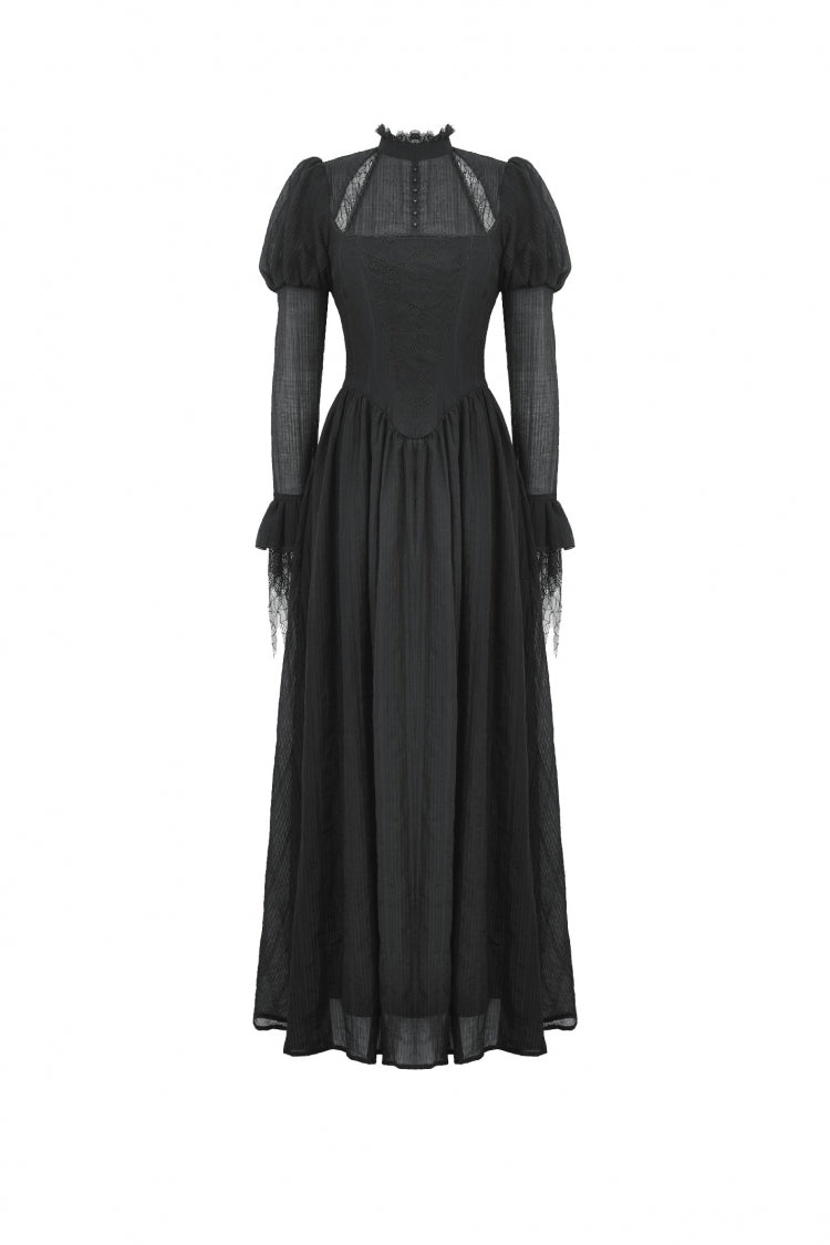 Black Women's Gothic Ruffled Stand Collar Long Puff Sleeves Spiderweb Splice Witch Maxi Dress - Product - 3